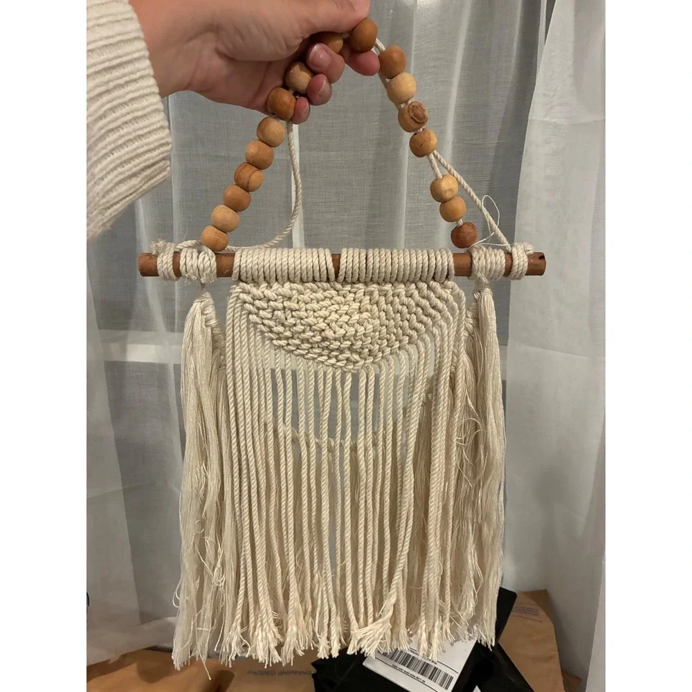 Boho‎ Macrame Wall Hanging Cream Cotton Fringe Tapestry with Wood Beads 12x20